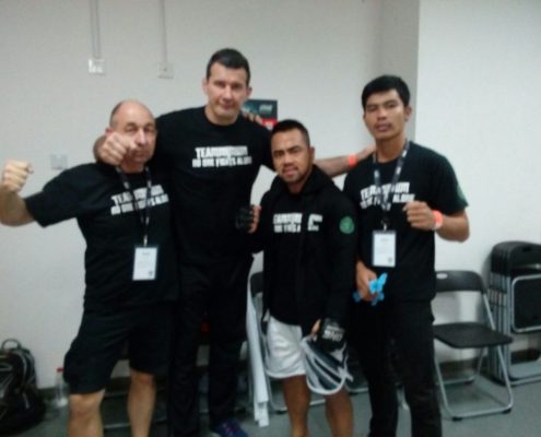 Team Perosh MMA fighters and coach backstage at ONE FC event in China, September 2017