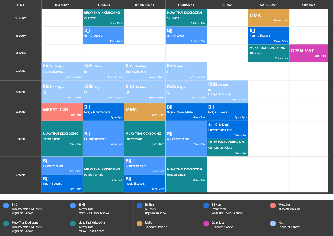 Weekly martial arts gym schedule displayed in a grid, showing classes like BJJ, Muay Thai Kickboxing, Wrestling, and MMA for various age groups and skill levels across each day, with color coding for class types.
